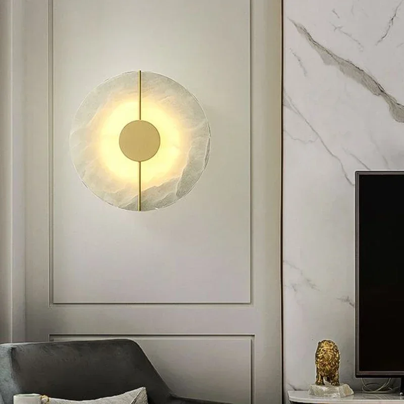 Lámpara de pared de mármol creativa moderna, Luna de alabastro, sala de estar, cobre dorado, decoración interior del hogar, aplique LED redondo para