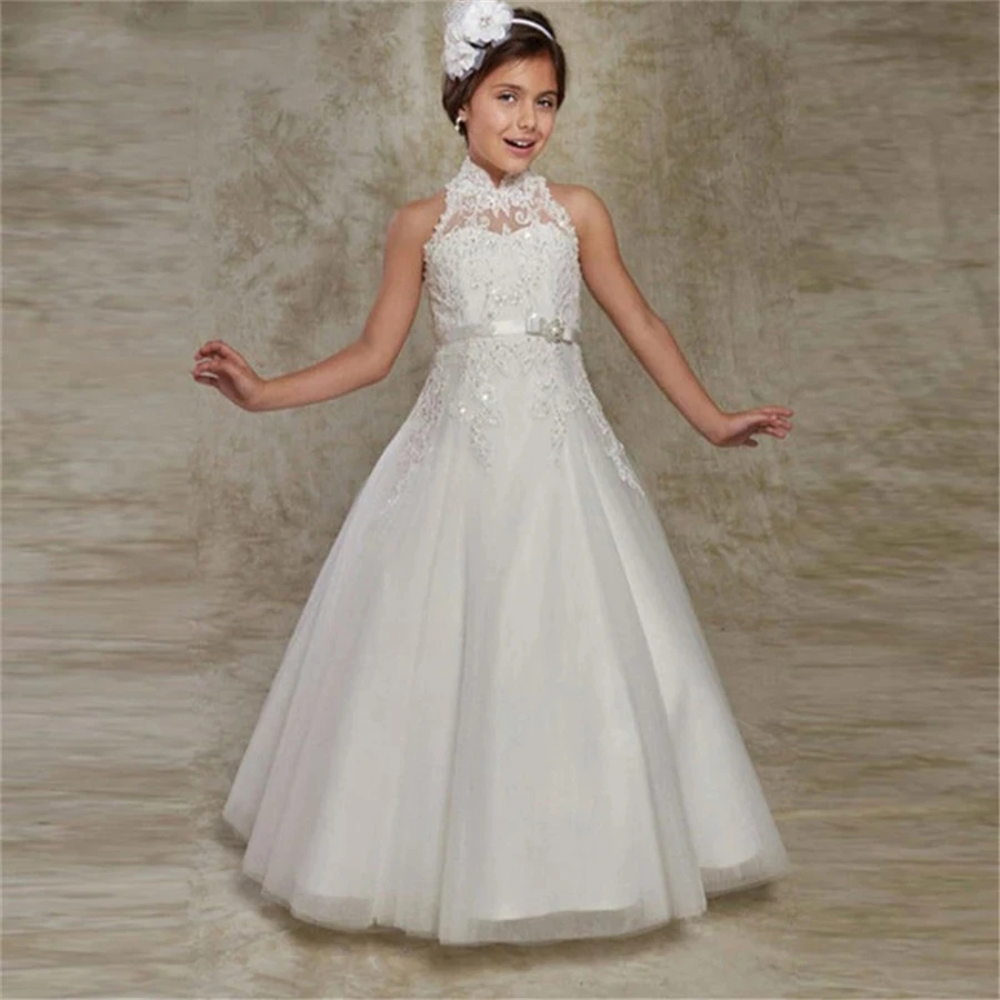 Vestido blanco de flores para niña pequeña, vestidos de fiesta de primera comunión, lentejuelas de cristal, Apliques de encaje