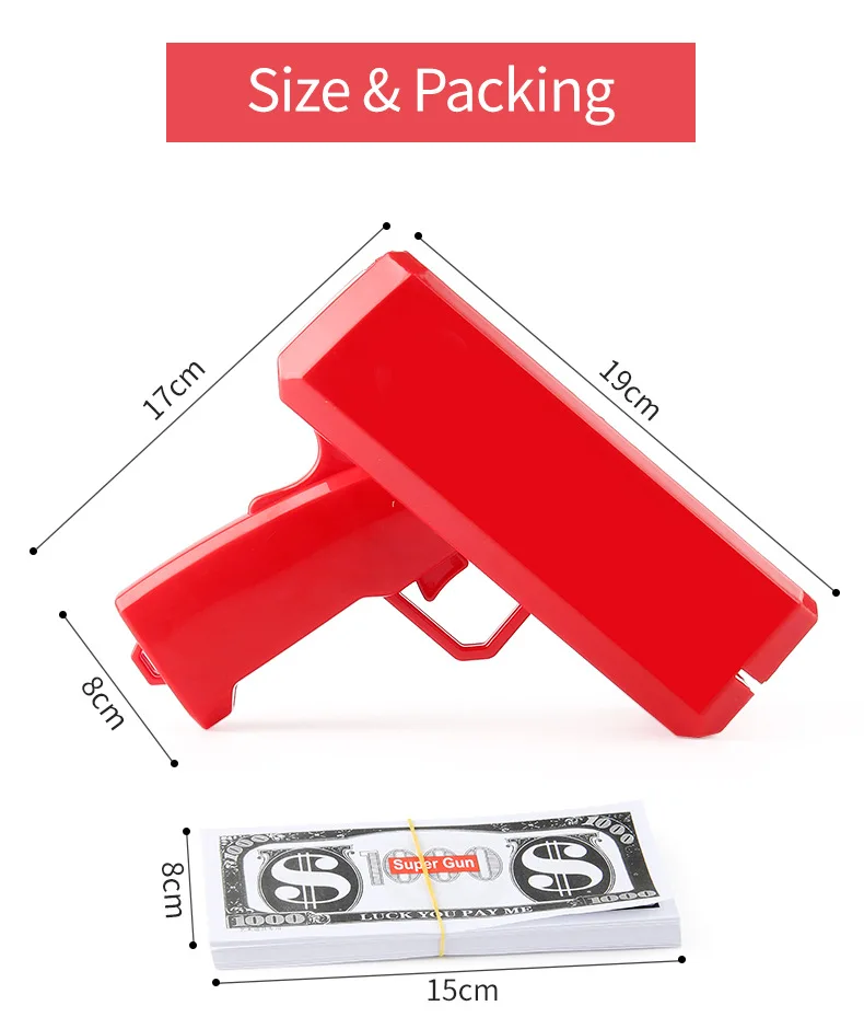 ปืนยิงเงินไฟฟ้าอัตโนมัติ, ของเล่นยิงเงินสดแบบใช้แบตเตอรี่พร้อมธนบัตรปลอม 100 ชิ้นสำหรับงานปาร์ตี้งานแต่งงาน