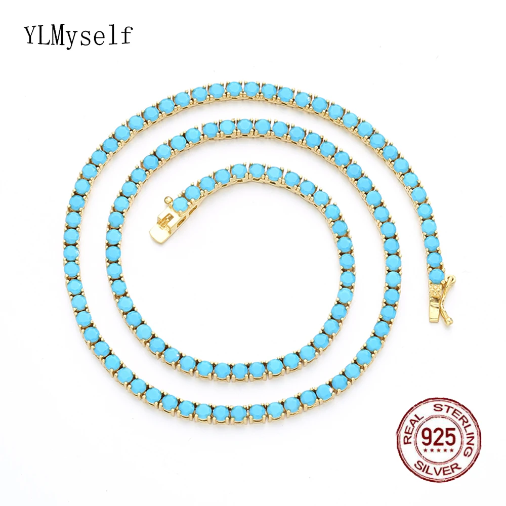 

Turquoise Blue 3mm Stone Real 925 Sterling Silver Tennis Chain Necklace Choker 18K Gold/Rhodium Plated 16-24 Inch Fine Jewelry