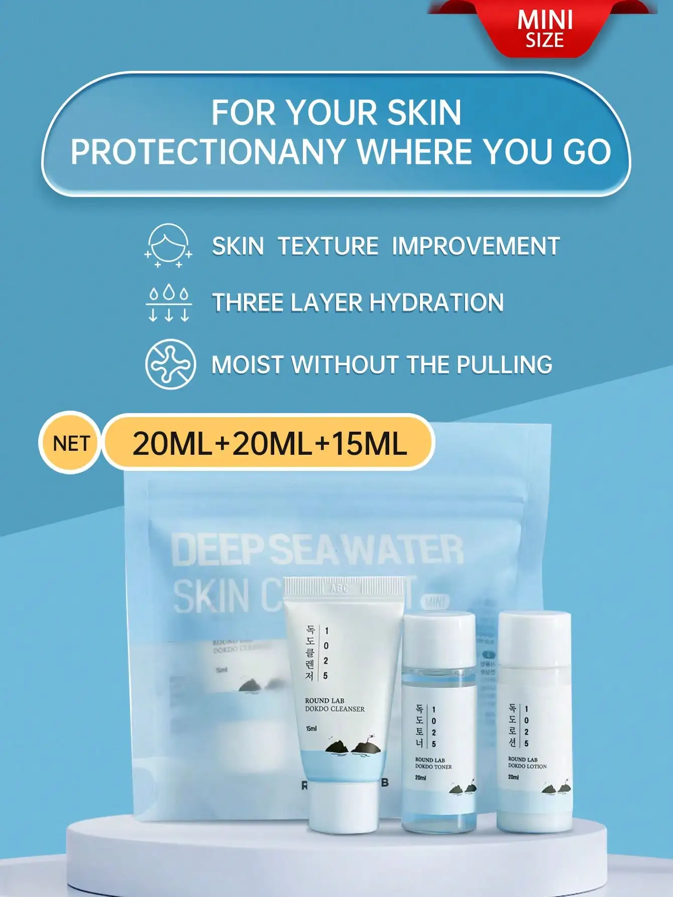 ROUND LAB 1025 Dokdo Set de cuidado de la piel, 3 piezas de limpiador de 15 ml + tóner de 20 ml + loción de 20 ml para pieles propensa al acné [tamaño mini]