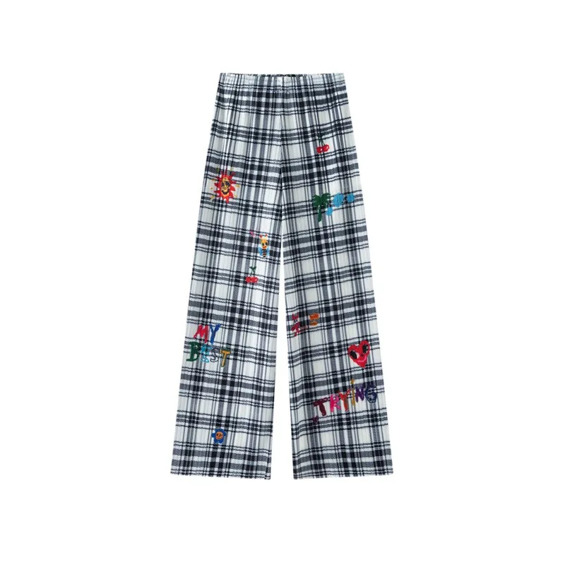 Miyake Pleated Summer New 2026 American Style Graffiti Plaid Pants Women High Waist Straight Printed Pleated Wide Leg Pants