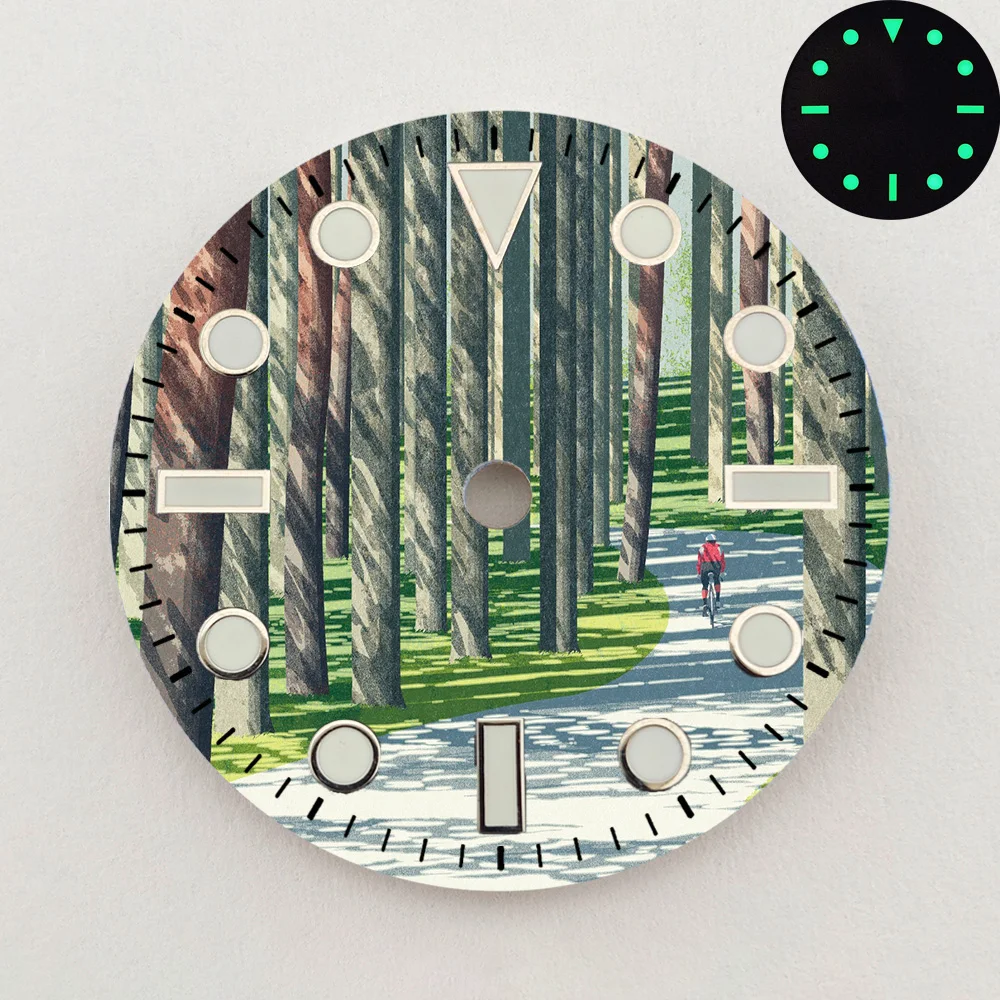 28.5mm NH35 Dial Forest Road Cyclist Landscape Dial Luminous Dial NH36 Dial Watch Accessories Fits NH35/36 Movements Custom LOGO