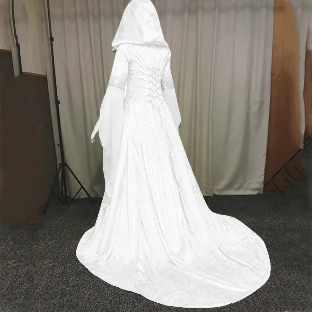 Medievale rinascimentale Maxi treno vestito donne Halloween diavolo Pagan strega Costume da sposa abito con cappuccio Robe Costume Cosplay