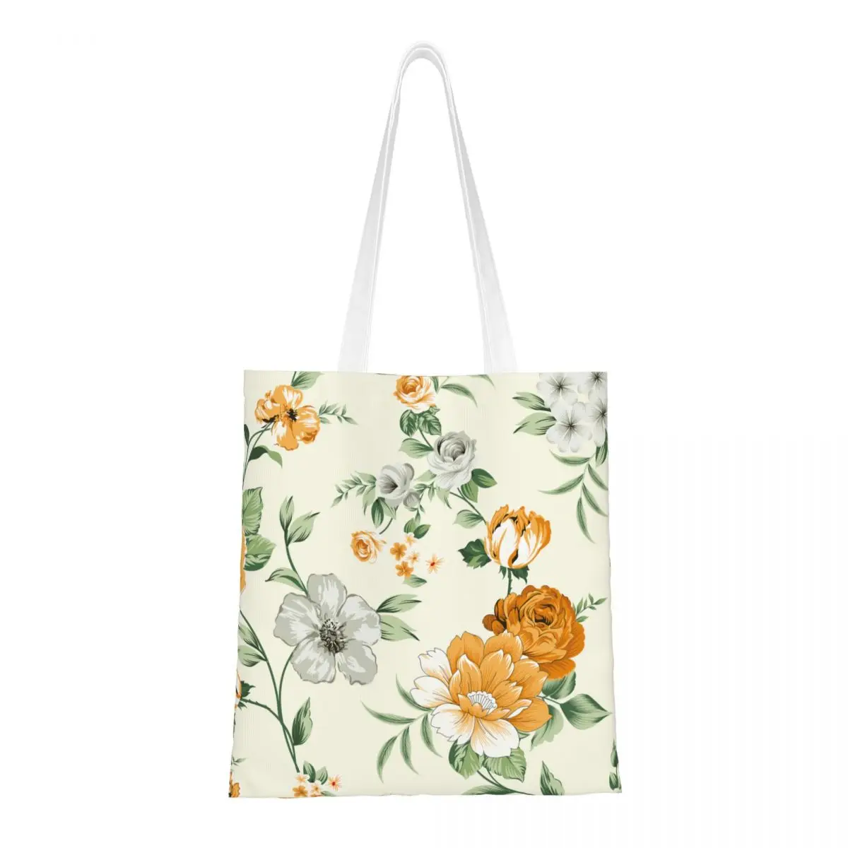 Vintage Flower Pattern Tote Bags Women Handbag Foldable Student Yellow Floral Shoulder Bag Printed Shopping Bag