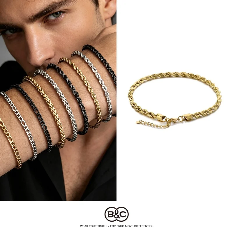 B&C Sturdy Twisted Rope Link Bracelet For Men Minimal Stackable Daily Wear Wrist Jewelry