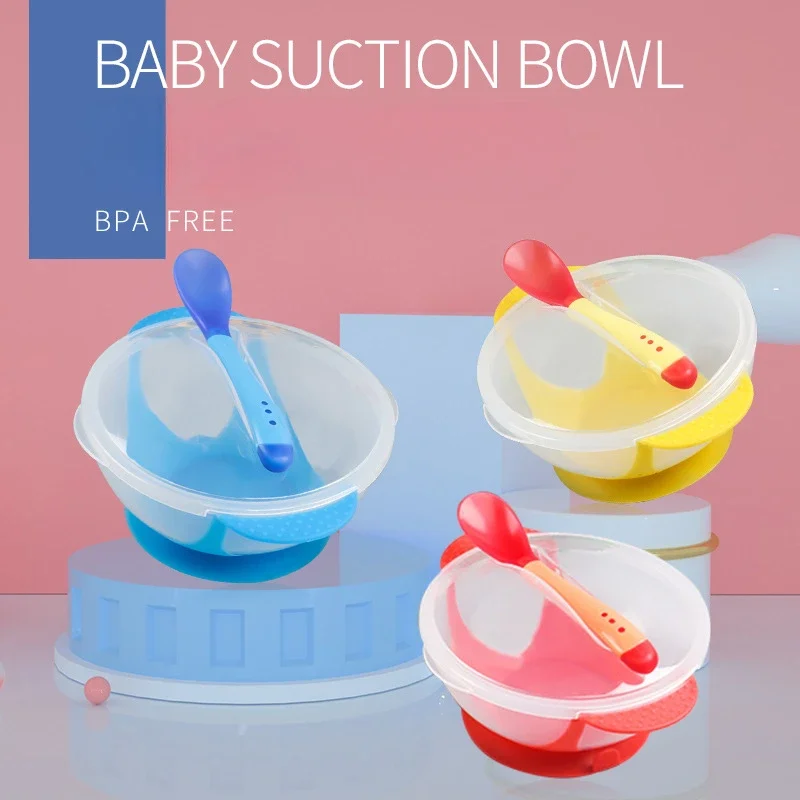 Baby Solid Feeding Dinnerware Set Toddler Cutlery Sets Drop Resistance Temperature Sensing Spoon Sucker Bowl for Baby Feed Dishe