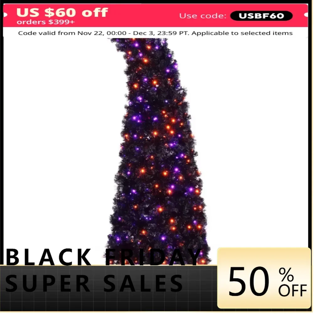 Black 400 Lights Purple and Orange 10 Functions with Remote Control 1050 Branches Wizard Hat Shape PVC Material Christmas Tree