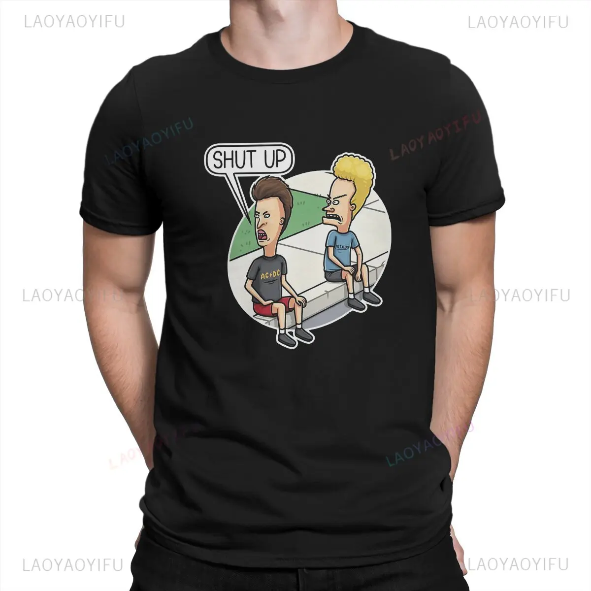 Camiseta de manga curta de hip-hop masculina, calada, estampa de castanho e butthead, desenho animado sarcástico engraçado, tops de algodão fashion, camiseta masculina