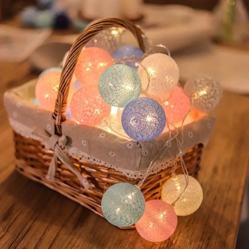 Christmas Cotton Ball Decorative String Light Handmade DIY Thread 10/20 Balls String Lamp Battery Family Party Fairy Lights