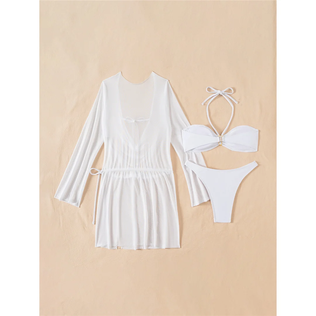 Weißes, verführerisches Kleid mit langen Ärmeln, Bikini, Damen-Badeanzug, Damen-Bademode, dreiteiliges Bikini-Set, Badebekleidung, Badeanzug, Modell V7828. – Detail 5