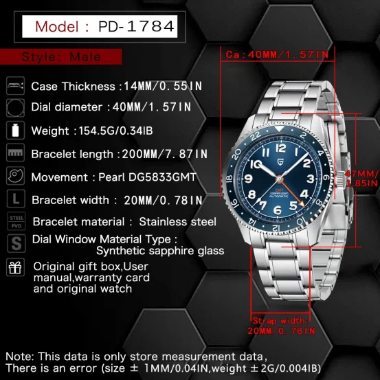 PAGANI DESIGN New DG5833 Men's GMT Automatic Mechanical Watches Top Brand Sapphire 20Bar BWG-9 Business Travel Clock Watch F