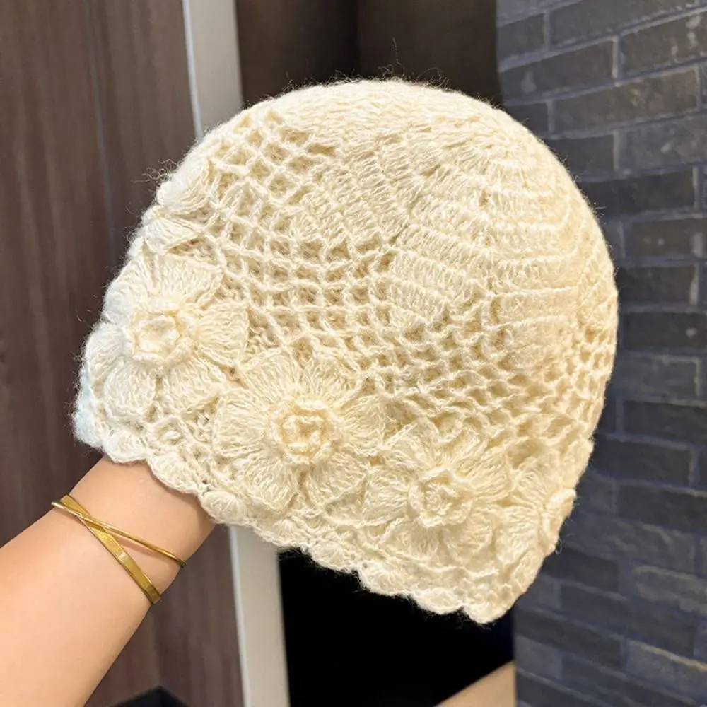 Retro Double Layer Handmade Knitted Hat Hollow Warm Crochet Beanie Hat 3D Flower Sweet Yarn Winter Hat Spring Autumn Winter