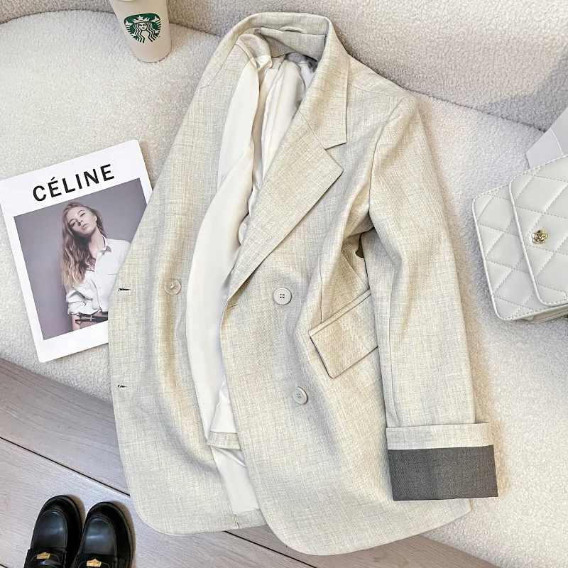 

Beige High Quality Color Matching Suit Jacket Women's Elegant Simple Korean Simple French Office Lady Suit Jacket in Spring
