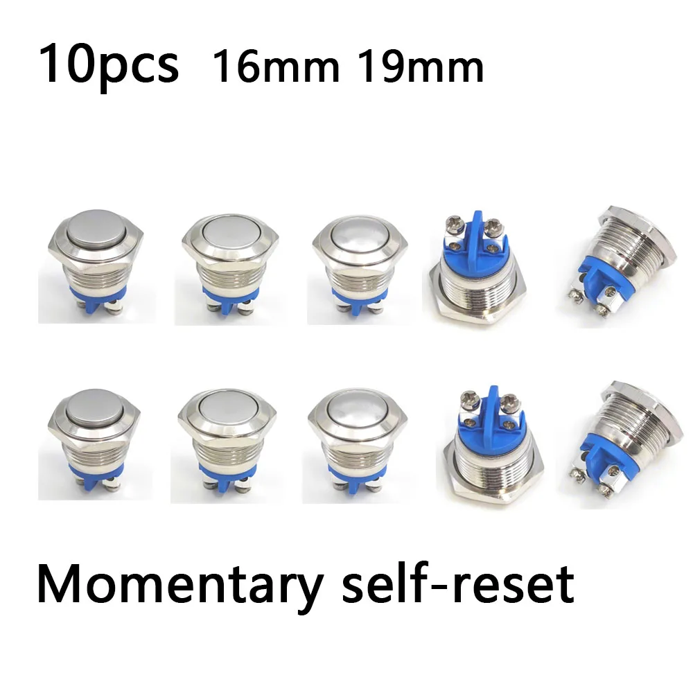 10pcs Momentary Reset Waterproof Metal Push Button Switch 16mm 19mm Screw Terminal Car Engine Doorbell 1NO PC Power Flat Head