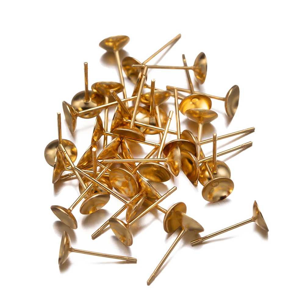 50Pcs Stainless Steel 3/4/5/6/8/10mm Gold Color Ear Studs Round BlankBase Settings For DIY Jewelry Making Earrings Accessories