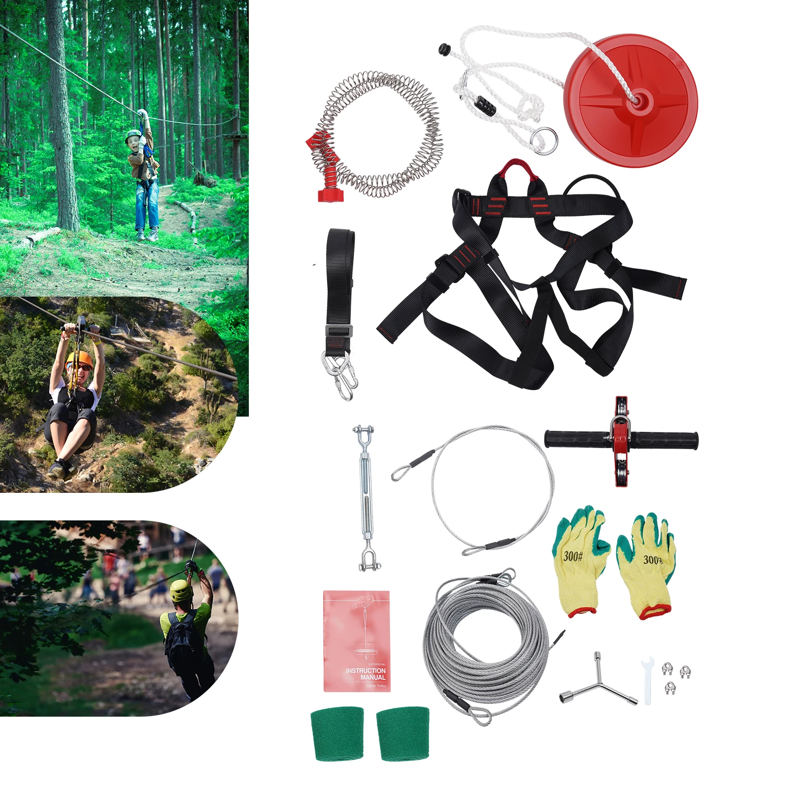 

160ft Zipline Kit for Kids and Adults – Heavy-duty Cable System with Spring Brake, Harness, and Trolley