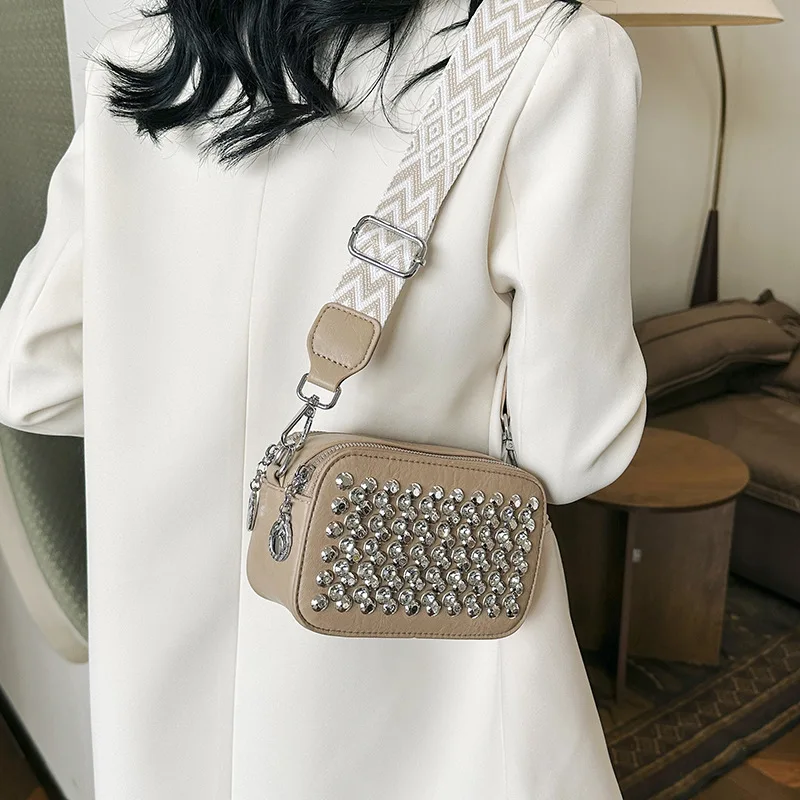 Rivet Diamonds Crossbody Bags for Women Trend 2024 Wide Strap Small Square Bag High Quality Fashion Leather Woman Shoulder Bag