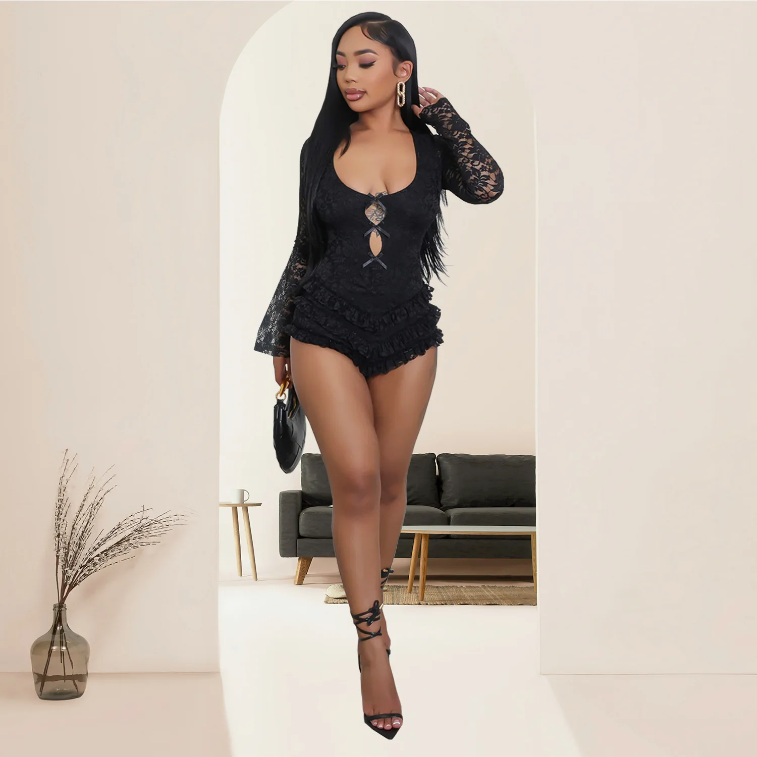 EINY Fashion Lace Backless Bodycon Bodysuits Women Hollow Out Long Sleeve Bow Ruffle Rompers Sexy See Though One Piece Clubwear