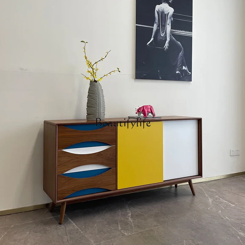 

04Nordic retro dining side cabinet color matching walnut solid wood storage mobile door locker