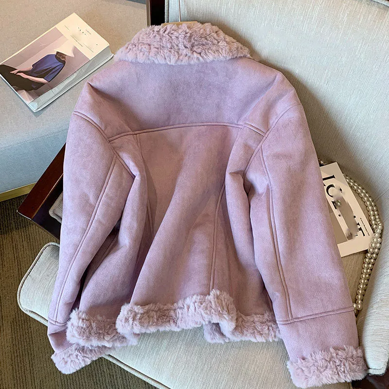 Lucyever Purple Lamb Wool Jacket for Woman 2023 Autumn Winter New Thick Warm Short Jacket Female Korean Style Plush Lapel Coat