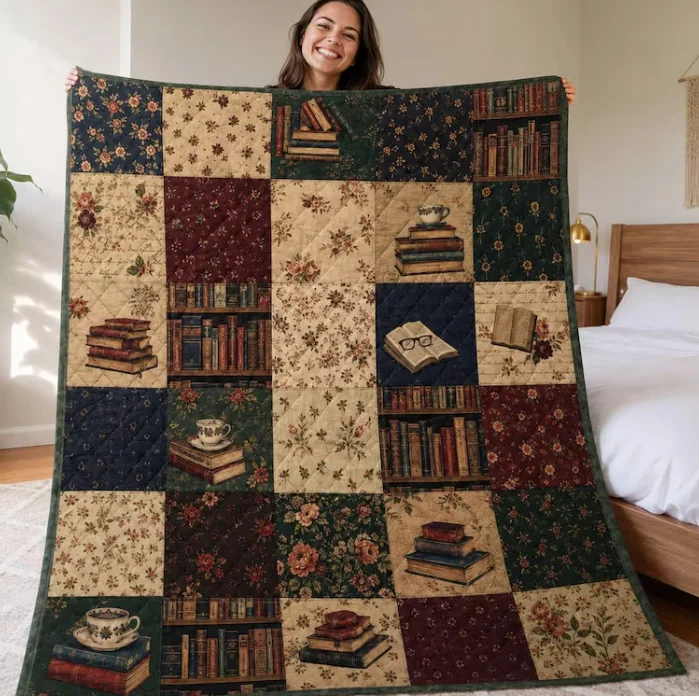 Vintage Bookshelf Quilt Blanket Book Lover Patchwork Throw Dark Academia Decor Blanket