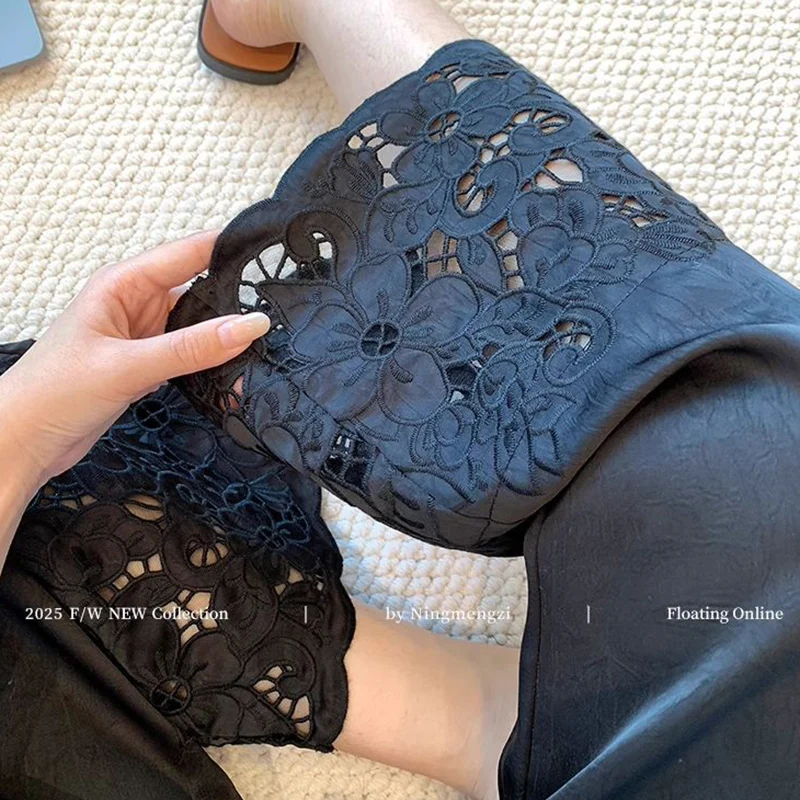 Ladies Office Lady Simplicity Lace Patchwork Black Elastic Waist Straight Summer Chinese Style Hollow Out Slim Wide Leg Pants