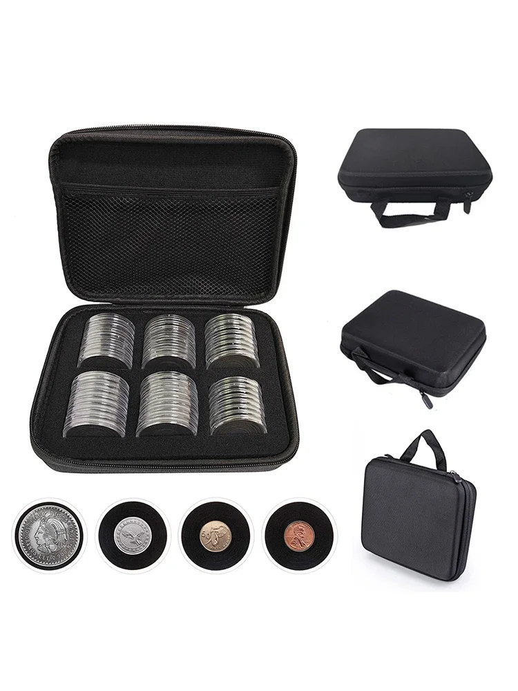 Porte-monnaie 16/20/25/27/30/35/40/46mm, 48 pièces, étui de collecte de pièces de monnaie, Capsule transparente avec joints et sac noirs