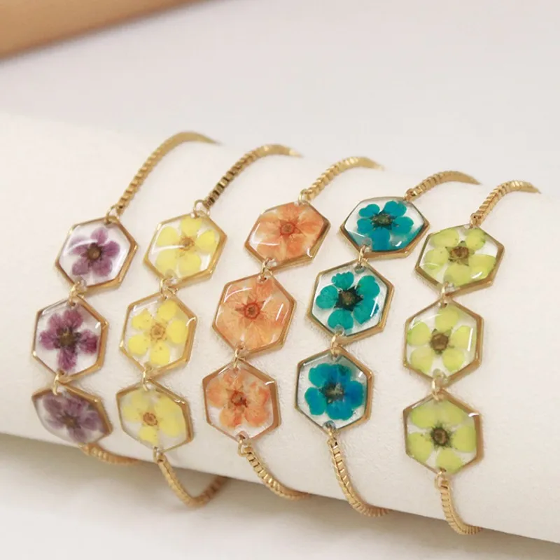 

Браслеты-подвески из эпоксидной смолы с натуральными цветами, ручная работа, браслеты с прессованными цветами, цветочная серия, браслеты-цепочки из нержавеющей стали