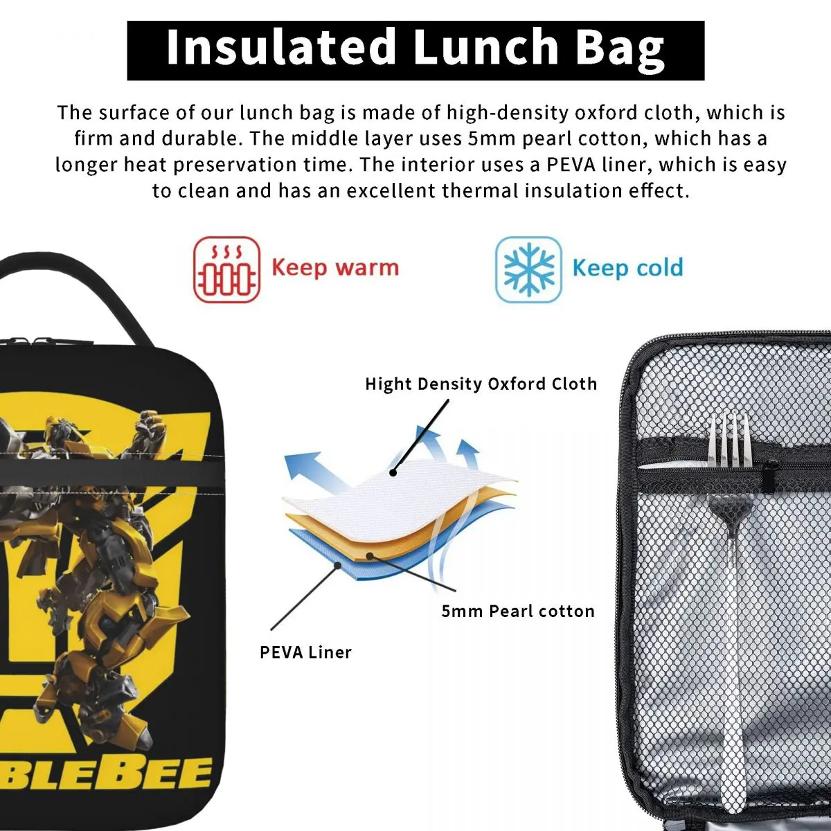 Bumblebee Transformers Accessories Insulated Lunch Bag For Travel Food Container Portable Cooler Thermal Lunch Boxes