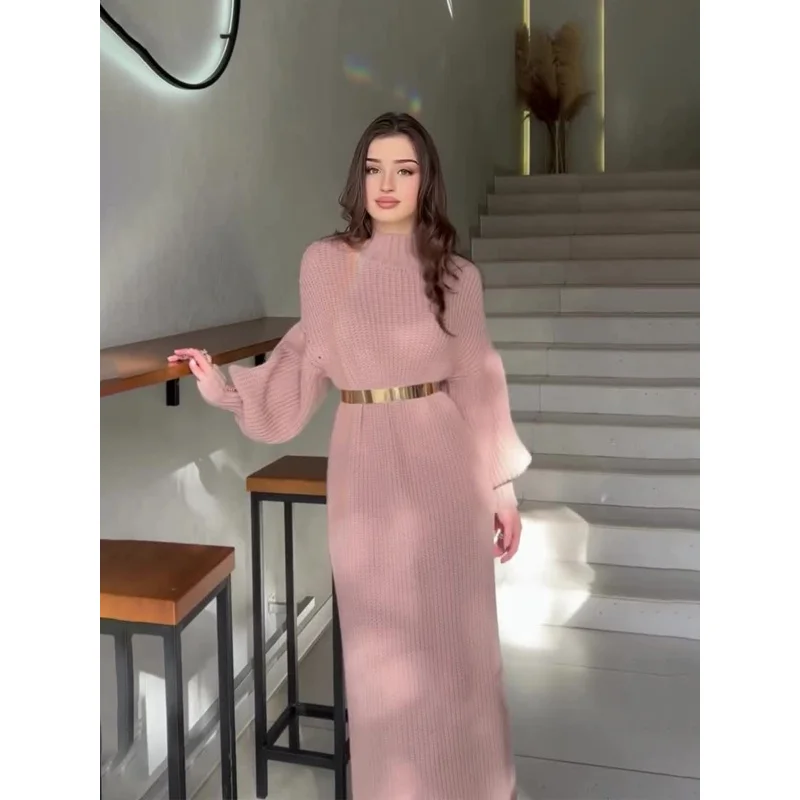 

Europe and America2024Autumn and Winter New Half Turtleneck Pullover Lazy Fashion Knitted Long Dress