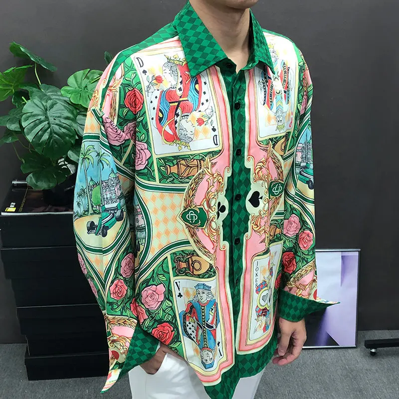 2023 Vintage Playing Card Print Contrasting Color Print Long Sleeve Shirt Holiday Casual Dress Blouse Clothes Men Hawaiian Shirt