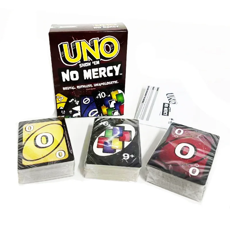 Mattel Games-jogo de cartas UNO NO MERCY, noite familiar com gráficos temáticos de programa de TV, uma regra especial para 2-10 jogadores