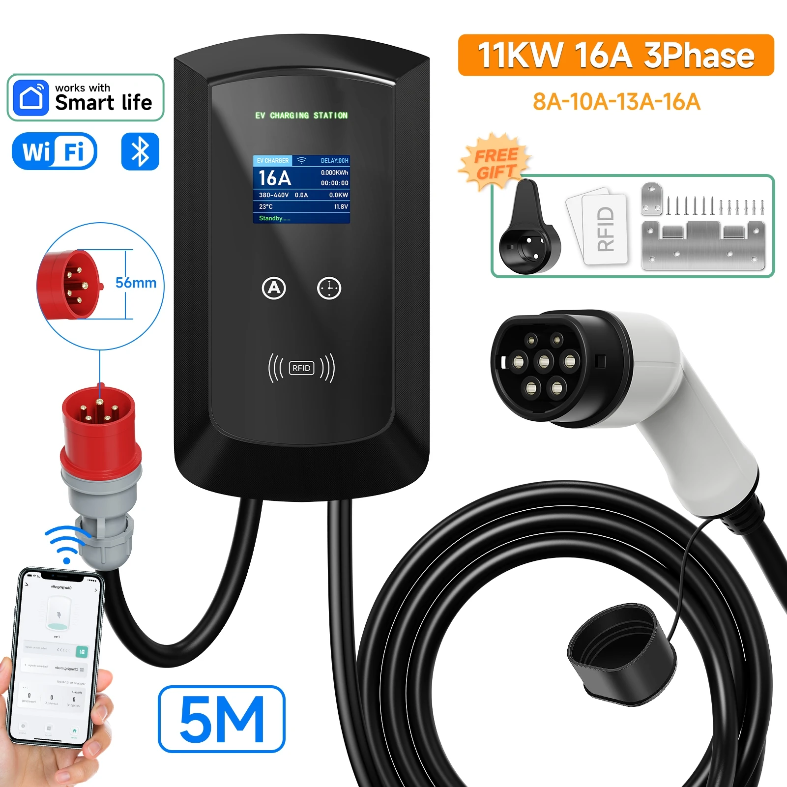 JNTAFEV 32A EV-laadstation 22KW 7.6KW snellader 16A 11KW Type 2 EV-lader 3/1-fase EVSE wandbox APP-besturing