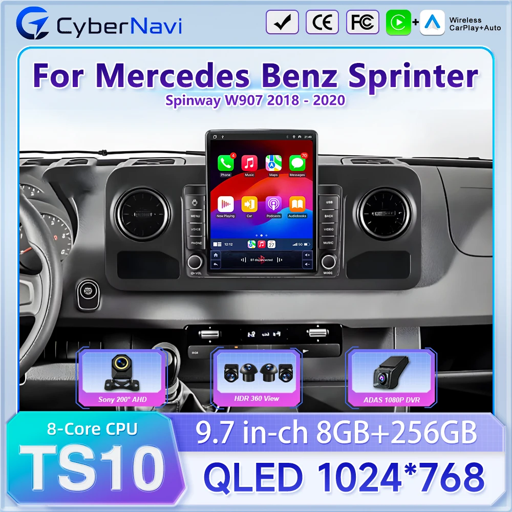 Car Radio 9.7“ For Mercedes Benz Sprinter Spinway W907 2018 2019 2020 - 2022 Android 16 Auto head unit Multimedia  Carplay Video