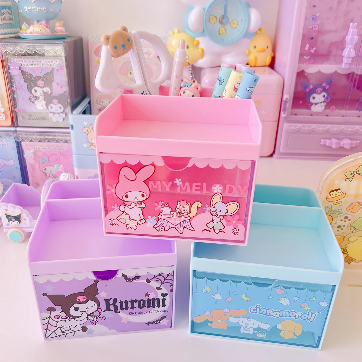 Kawaii Sanrio Kuromi Pen Holder Hello Kitty My Melody Cinnamoroll Girl Cartoon Large Capacity Desktop Stationery Storage Box