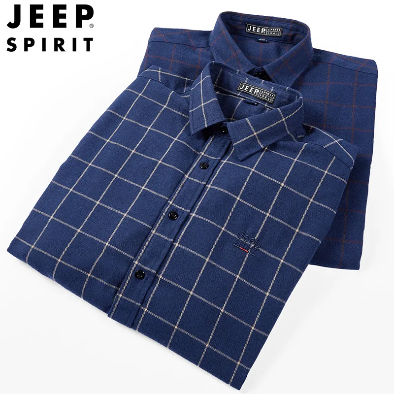 JEEP SPIRIT men fashion plaid shirt spring and autumn new casual lapel color matching long-sleeved comfortable breathable top