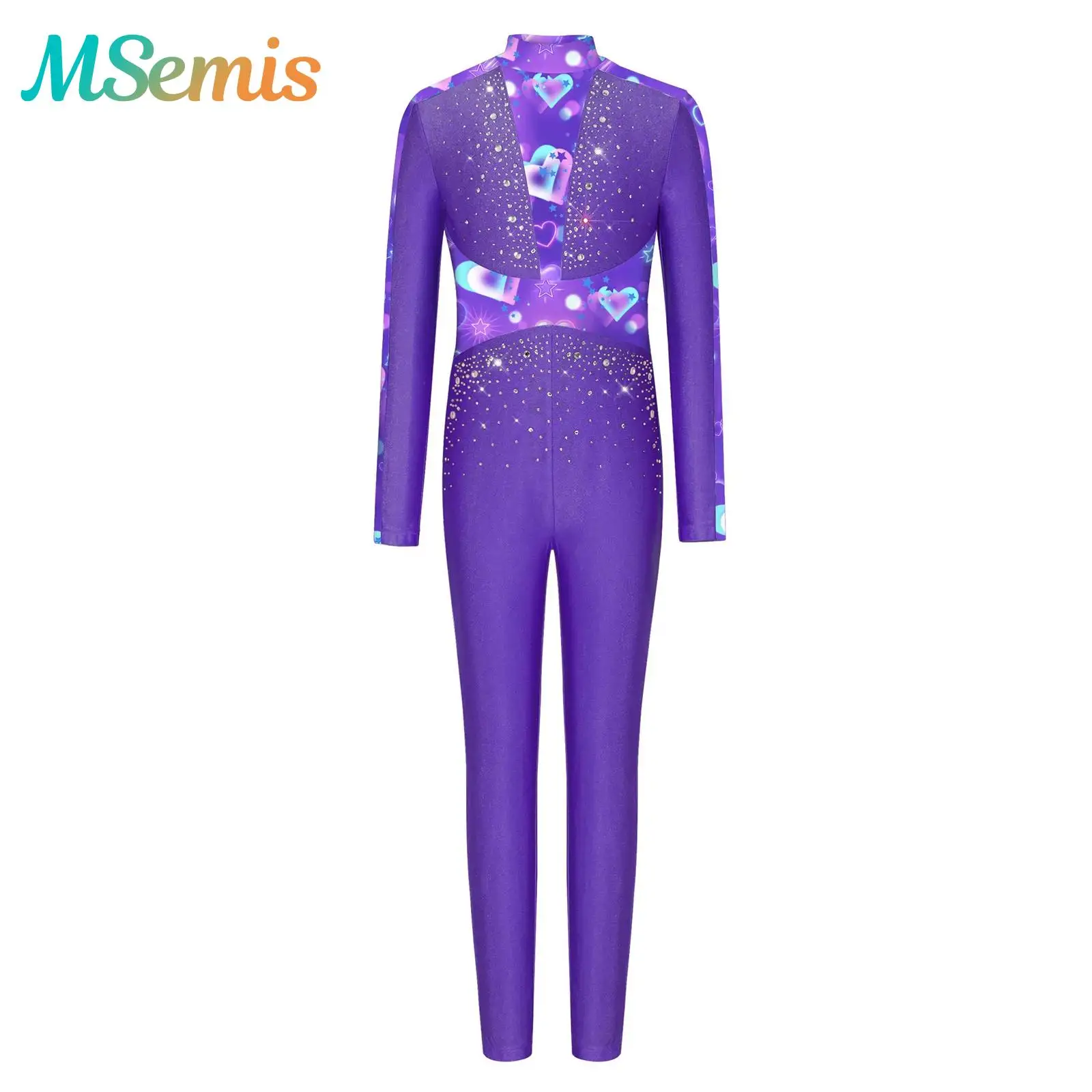 

Kids Girls Floral Print Shiny Rhinestones Gymnastics Artistic Figure Skating Ballet Dance Leotards Jumpsuit Performance Costume