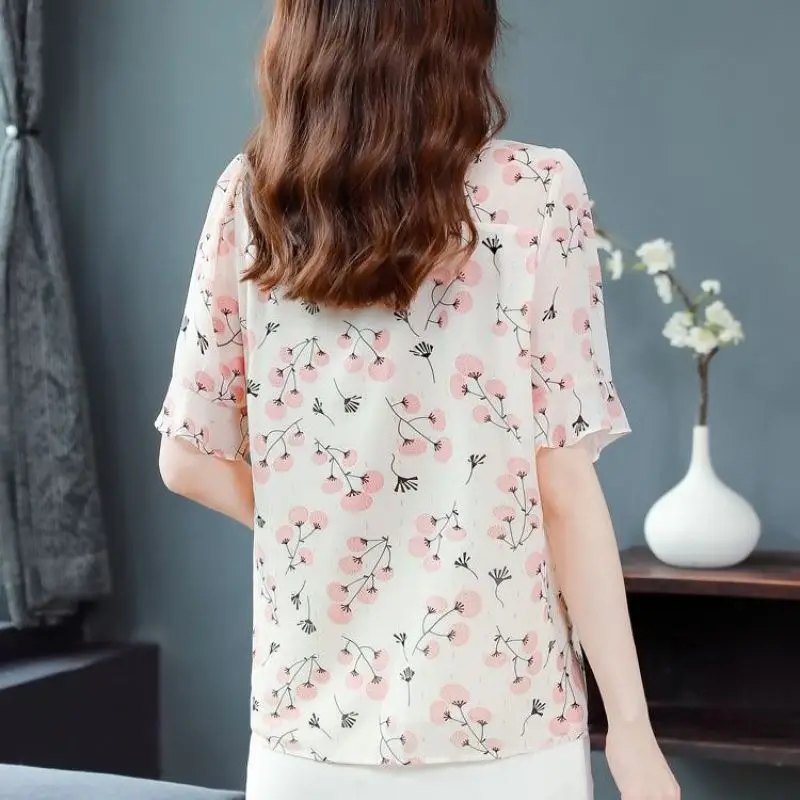 Women Summer Fashion Elegant Loose Printing O-neck Short Sleeve Chiffon Shirts Women Clothes Casual All-match Appear Thin Tops