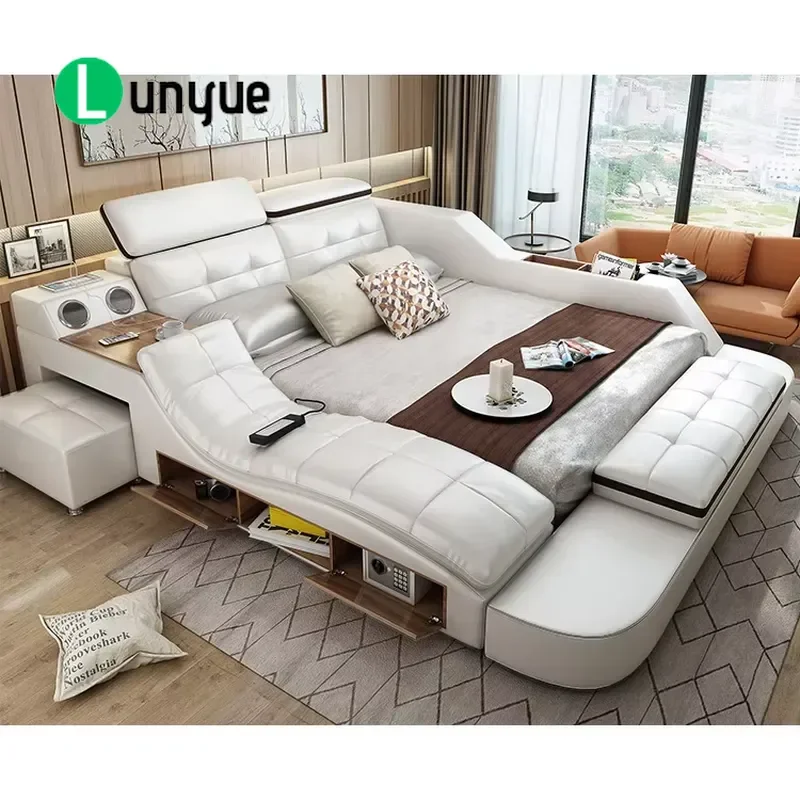 Multifunctional Bed with Safe Massage Chair LED Light Storage Bed Modern Tatami Smart Leather Bed