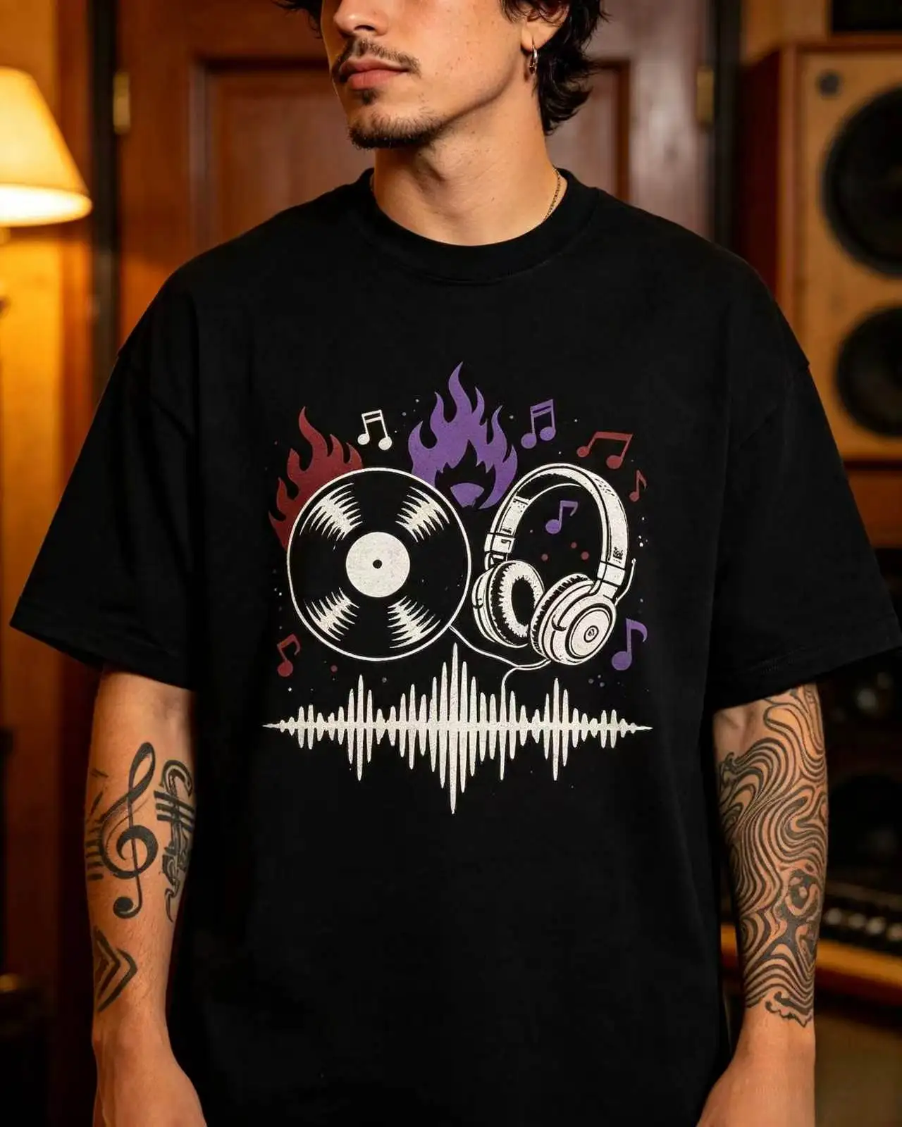 Unisex Vinyl Record Headphone Music Note Flame Graphic T‑Shirt Men Women Retro Music Wave Print Oversized Cotton Tee