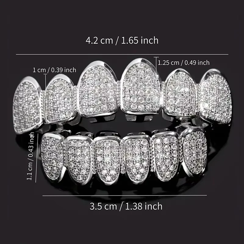 Hiphop Teeth Grillz Set for Unisex Top Bottom Mouth Silver Color Teeth Grills Tooth Cap Removable Dental Fashion Body Jewelry