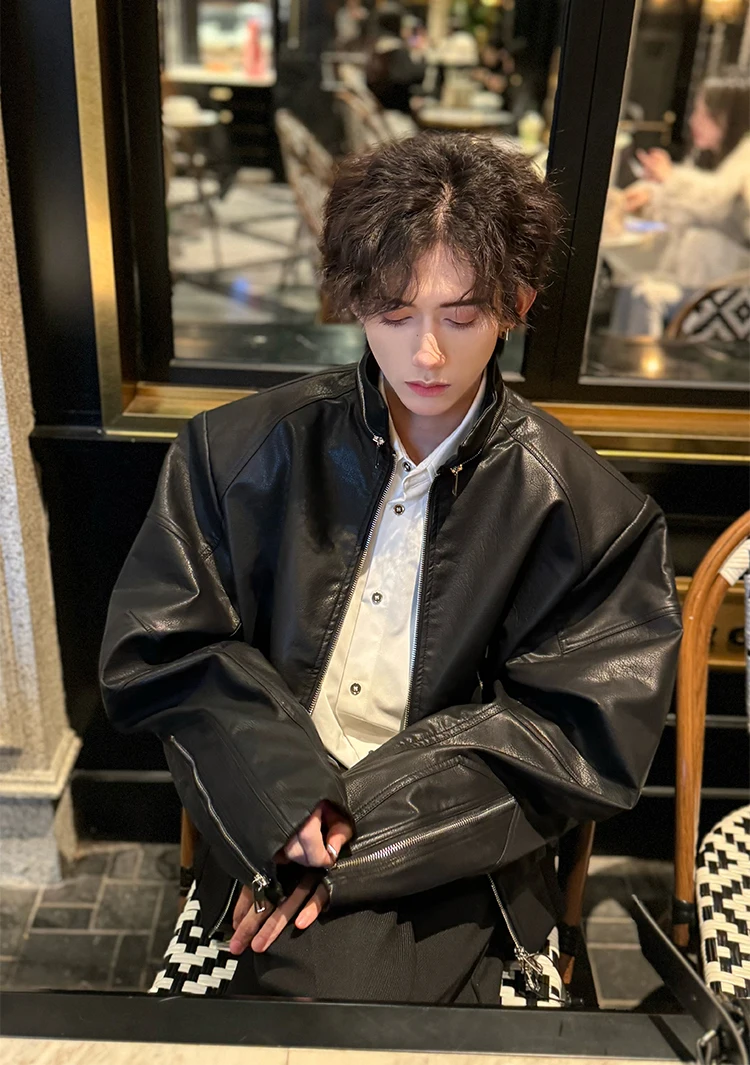 

Мужская модная мотоциклетная куртка из американской плотной искусственной кожи, свободного кроя, с воротником-стойкой, повседневная, весенняя