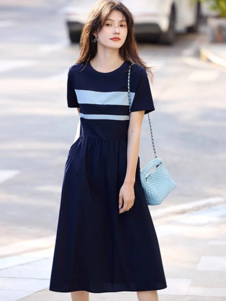 

Color Blo ort Sve round Ne Dr Women's Simple Sle Korean Commute Straight Cut A-Line Skirt Summer Slimming Dr
