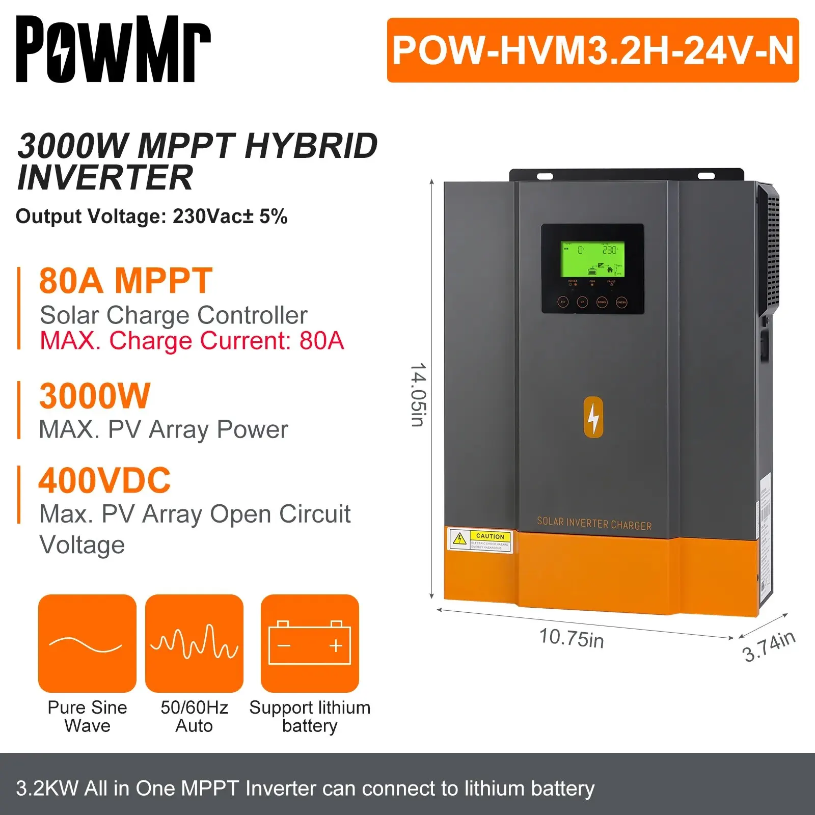 PowMr 1600W 3000W onduleur solaire hybride 12V 24V 220V onduleur à onde sinusoïdale Pure 1.6KW 3KW avec contrôleur de chargeur solaire MPPT 80A