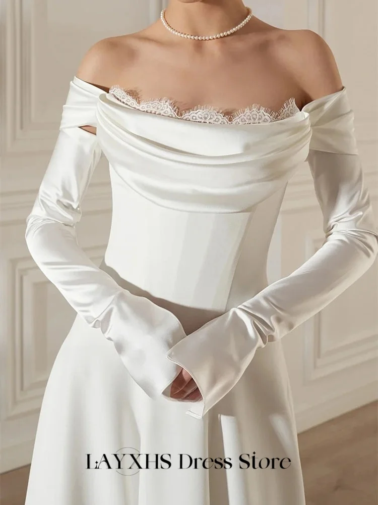 LAYXHS فساتين زفاف أنيقة قابلة للانفصال قبالة الكتف دانتيل طول الكاحل مطوي زي العرائس مخصص رداء دي سواريه