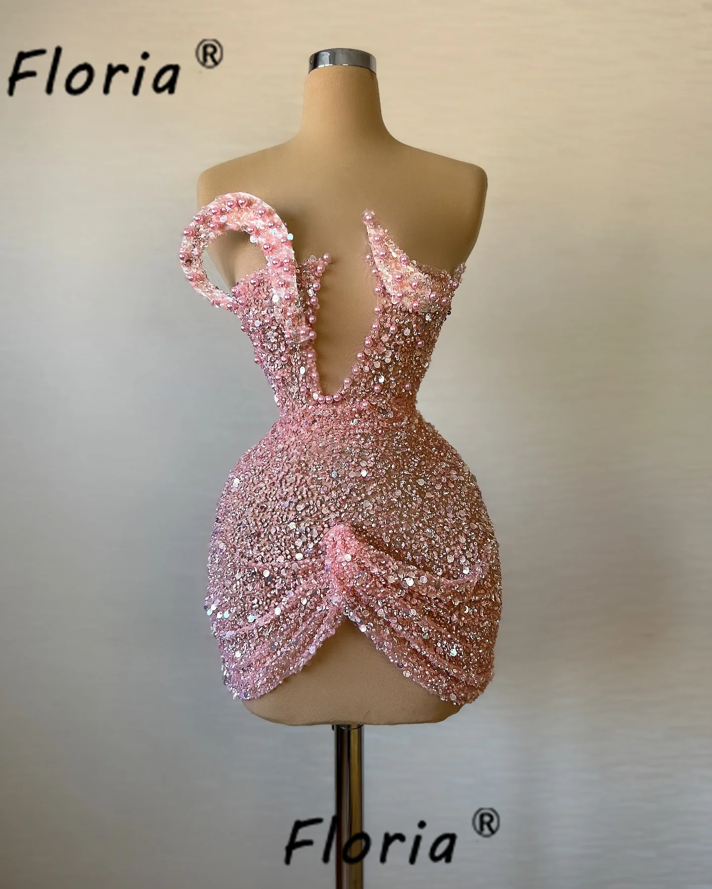 Sexy Pink Short Cocktail Dress Fashion Beaded Pearls Sequin Glitter Prom Party Dresses Mini Homecoming Graduation Gowns New Chic