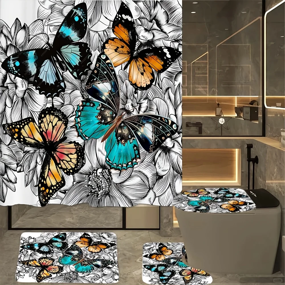 

Набор из 4 предметов для ванной комнаты Butterfly Garden: занавеска для душа, коврик для ванной, крышка унитаза, крышка бачка — элегантный и натуральный декор