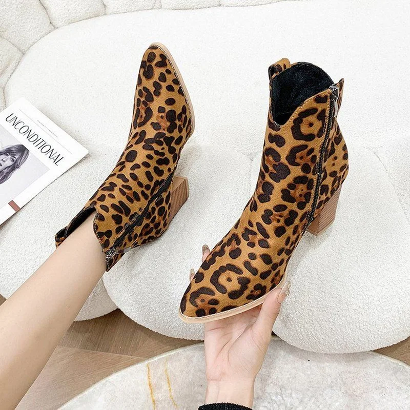 FHC Sexy Leopard High Heeled Ankle Boots,Women Short Botas,Autumn/Winter Shoes,Pointed Toe Booties,Side Zip,Size 35-42,Dropship