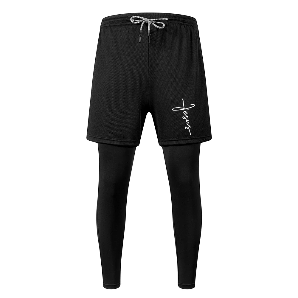 Men's 2 In 1 Athletic Pants With Artistic Signature Print Quick Dry Pants For Running Fitness With Towel Loop And Phone Pocket